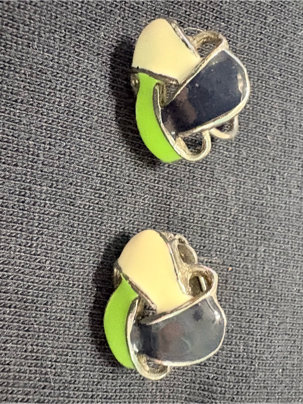 Vintage Mod Clip On Earrings Lime Green Black Cream Gold Tone Enamel Retro
